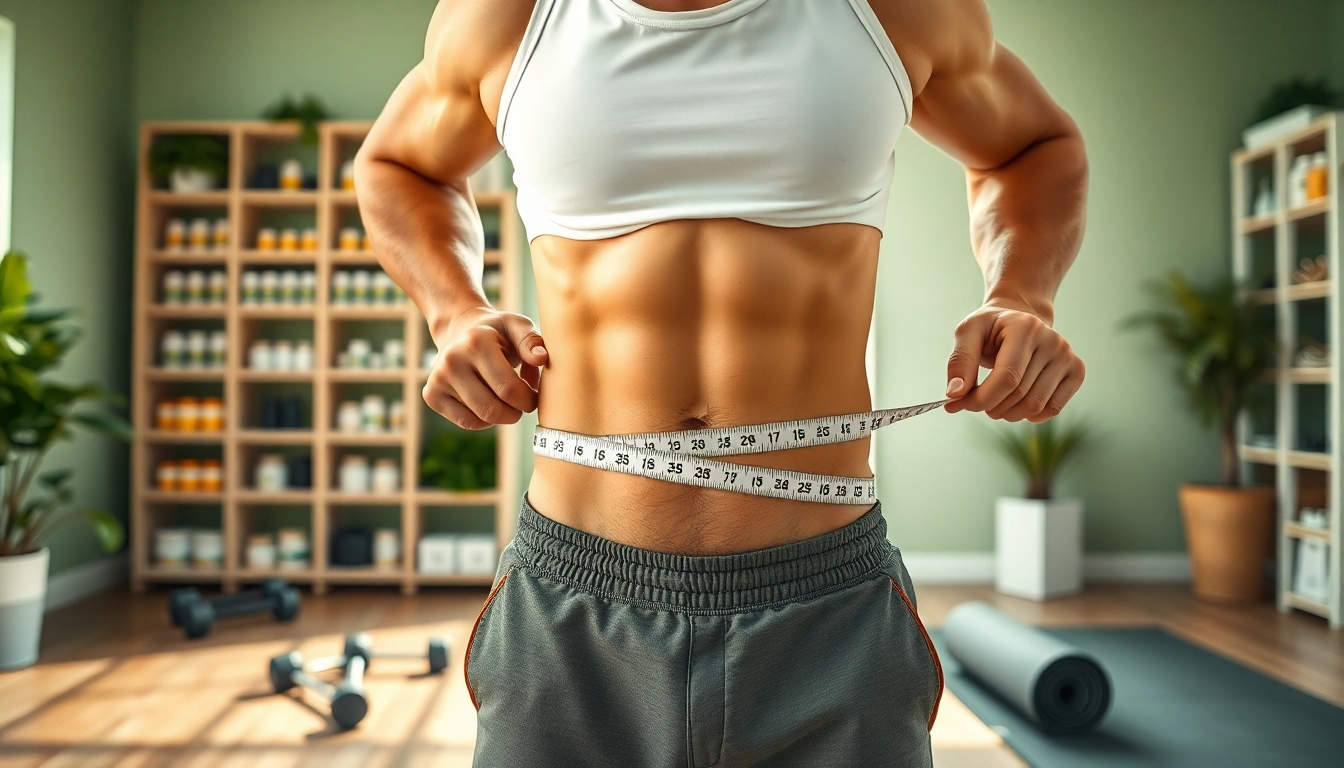 Fitness enthusiast measuring waist with supplements to lose belly fat in bright home gym.