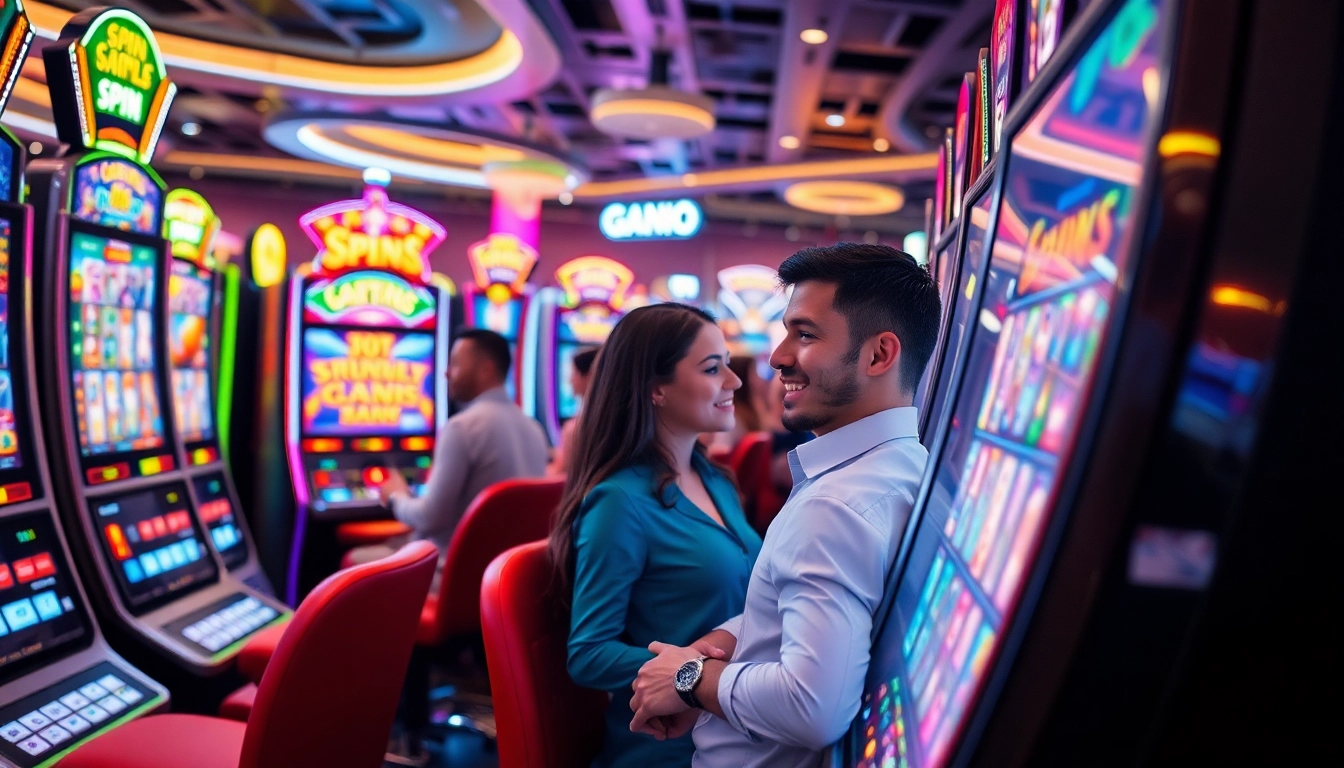 Menampilkan permainan qqmacan slot dengan mesin slot berwarna cerah dan pemain yang antusias.