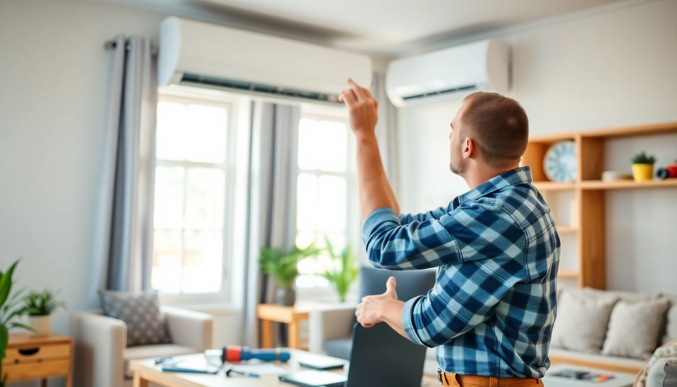Technician performing ac repair mesa az in a bright living room, showcasing expert services and comfort.