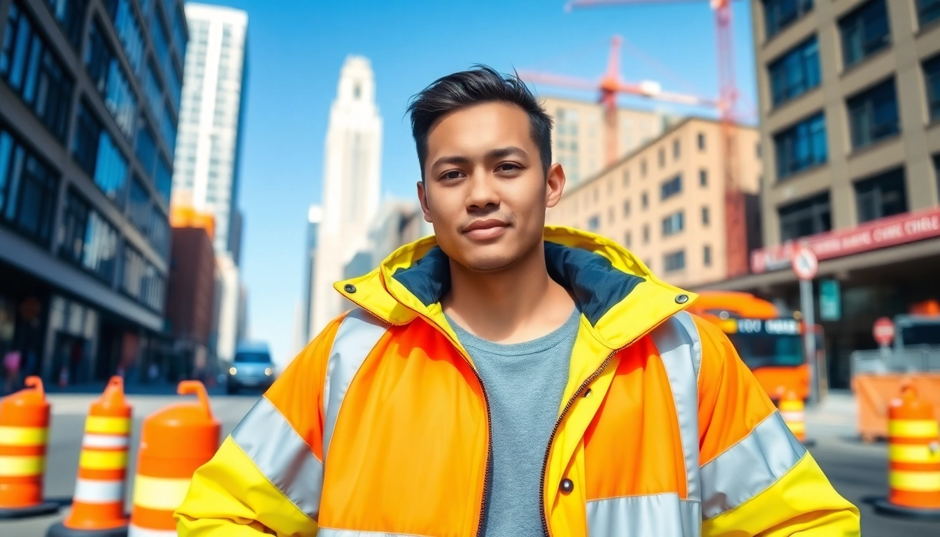 Model showcasing high-visibility reflector jackets in an urban setting with vibrant colors and reflective elements.