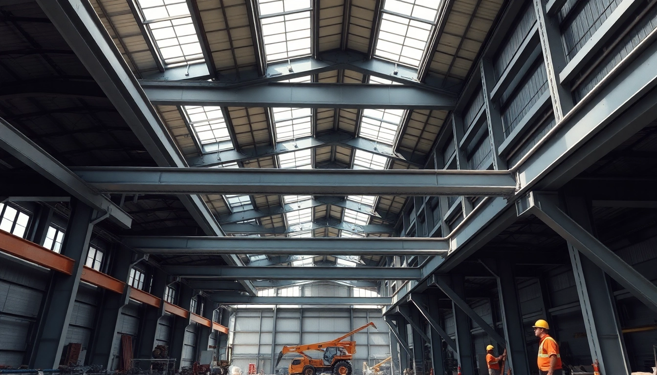Showcasing steel structure design with modern beams and bright natural light.