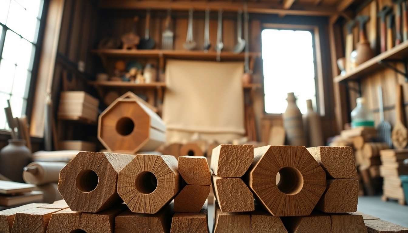 Promote Pini-Kay briquettes supplier with eco-friendly briquettes in a rustic setting.