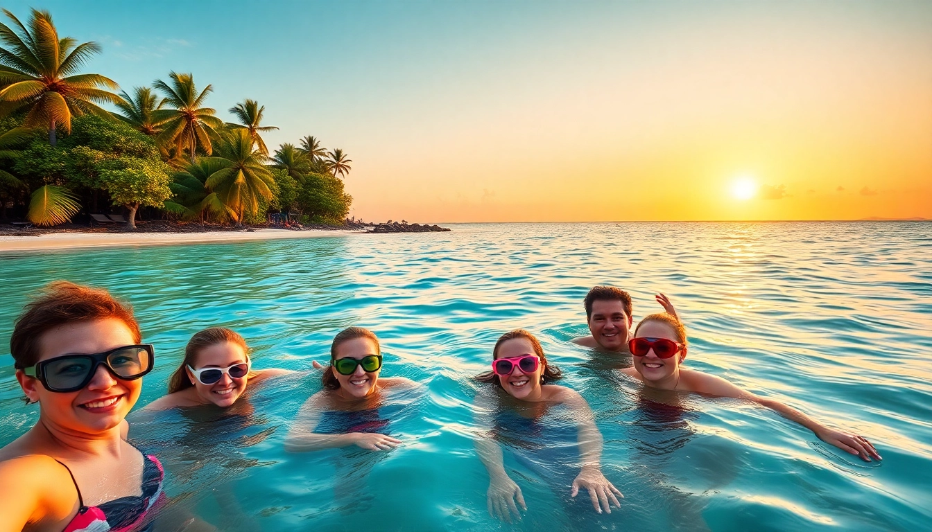 Experience exciting Harvest Caye Tours Belize with tourists snorkeling in pristine waters.